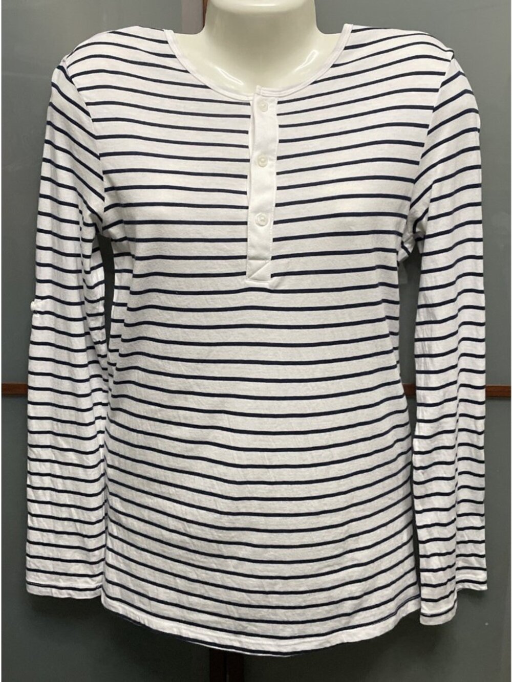 H&M Navy & White Womens XS Striped Button Up Long Roll Sleeve Shirt Top Preppy